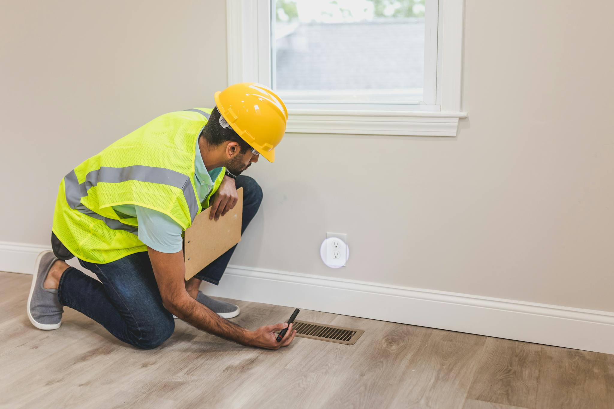 About A Construction Worker In A Hard Hat Inspects A Floor Vent Indoors Ensuring Quality And Safety Standards. 8293646 2048x1365