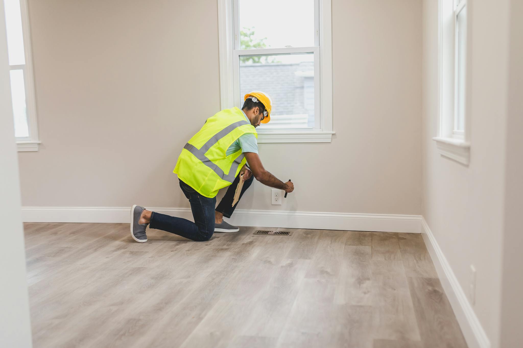 Home A Home Inspector In High Visibility Vest Examines An Electrical Outlet In A Modern Room. 8293640 2048x1365